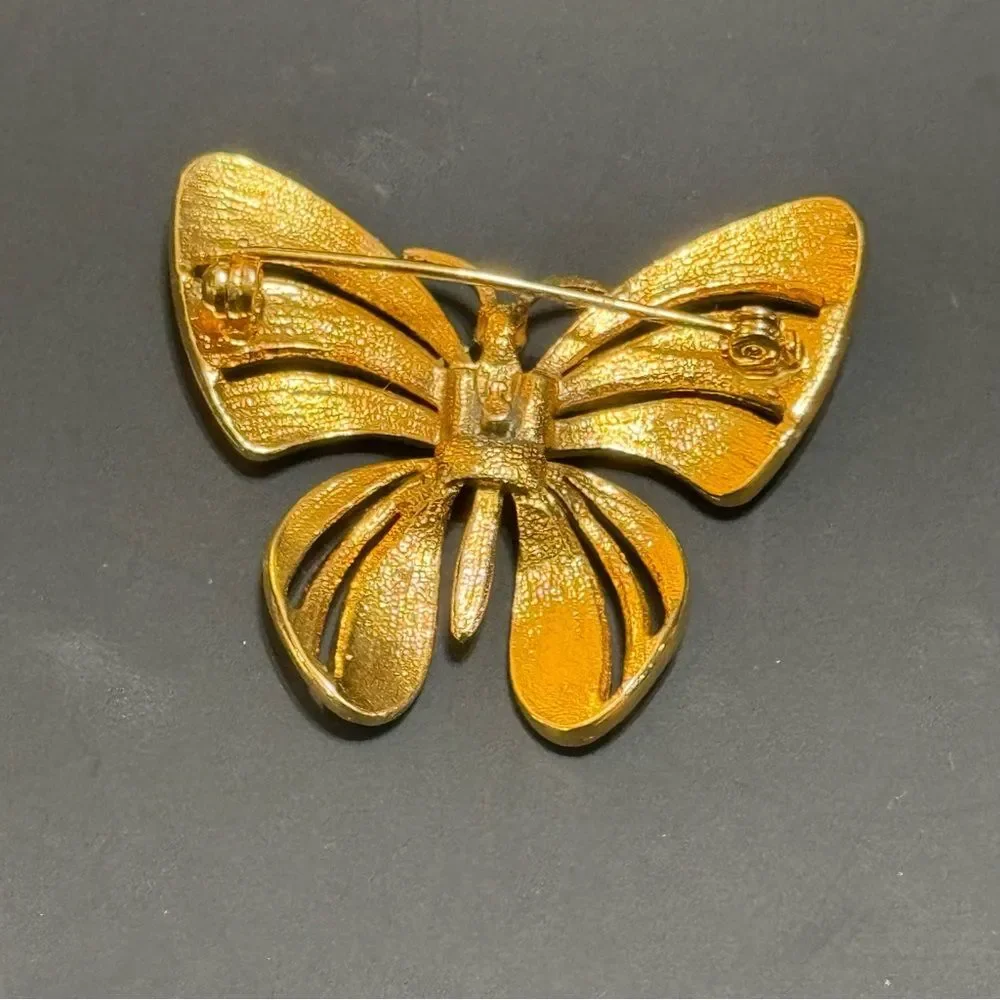 Colorful Gold Butterfly Brooch with Pearl Accents
